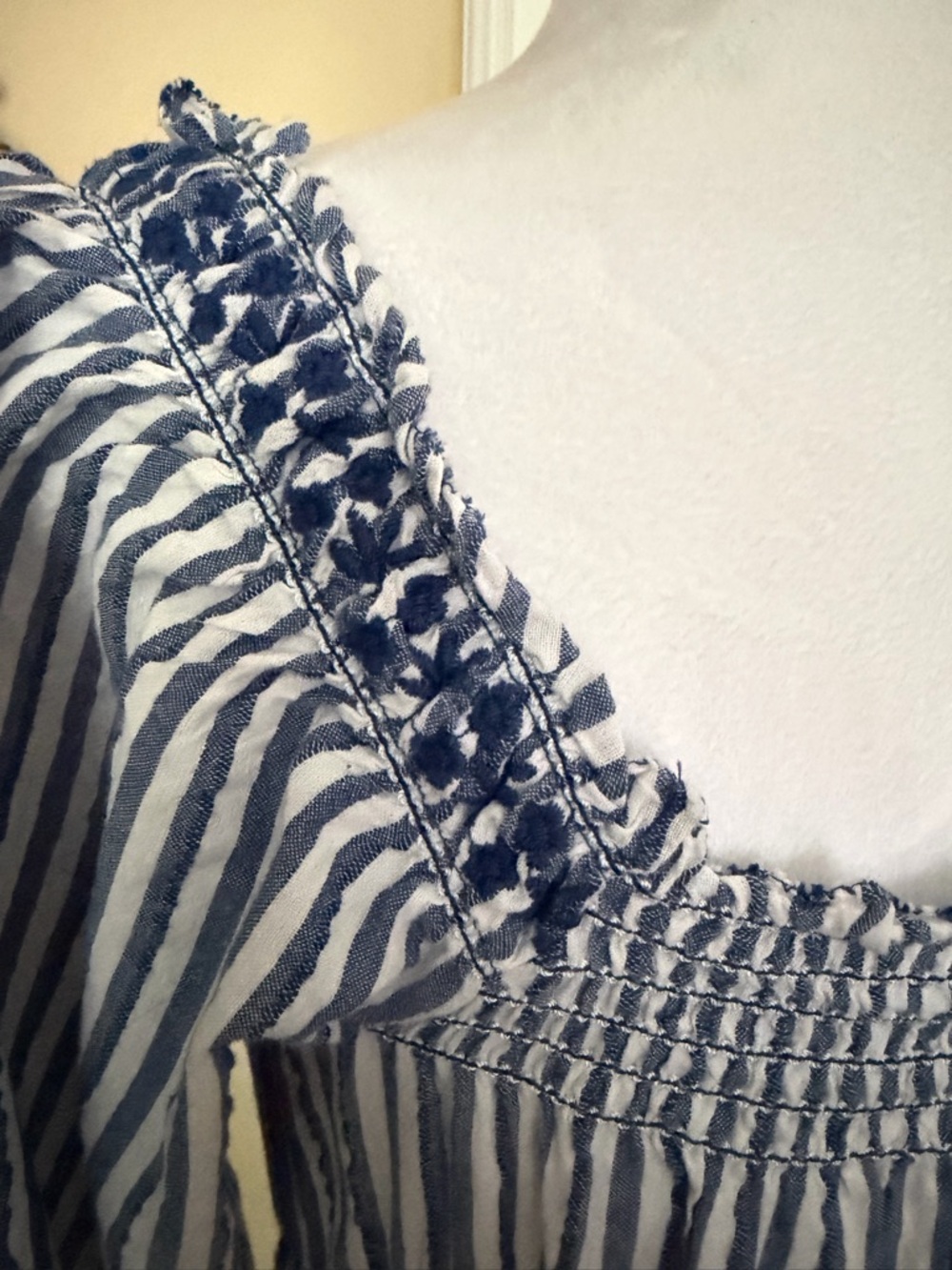 American Eagle Women's Blue & White Striped Puff Sleeve Embroidered Mini Dress S - Picture 9 of 13